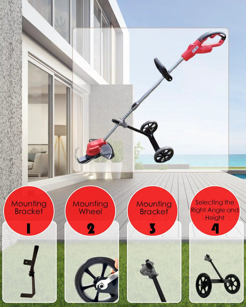 20 Inch Adjustable Height String Trimmer Wheel Attachment For Weed Whacker, shown installed with mounting components by the sea.