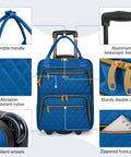 Underseat Carry On Luggage With Wheels, Lightweight Personal Item Size Suitcase, blue with telescoping handle and pockets