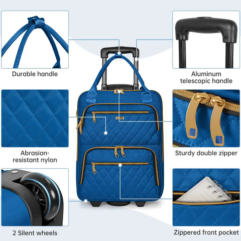 Underseat Carry On Luggage With Wheels, Lightweight Personal Item Size Suitcase, blue with telescoping handle and pockets
