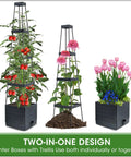 Raised Garden Bed Tomato Planter With Trellis, Self Watering System, 57 Inch Tomato Cages For Climbing Vegetables, Indoor Outdoor Garden Pots For Patio And Greenhouse, No Fuss Two Pack showing two planter boxes with trellis, tomatoes, and flowers.