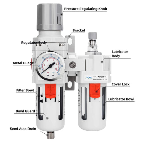 Half Inch NPT Pro Grade All In One Filter Regulator Lubricator Combo With Water And Oil Trap Separator Gauge 0 To 150 Psi Poly Bowl