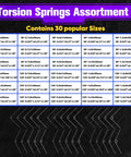 120-piece stainless steel torsion springs assortment kit with 30 sizes in labeled bags (front view)