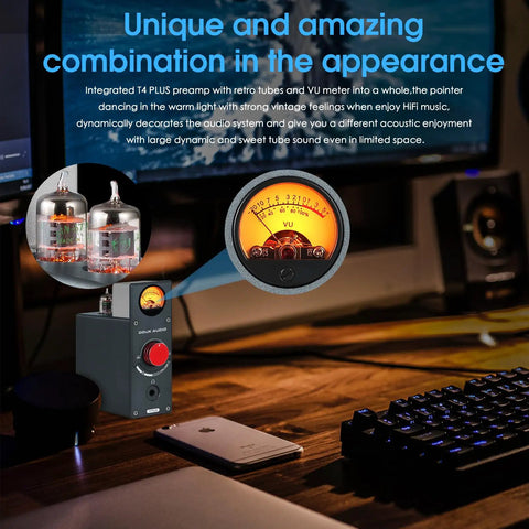 Dope Tube Phono Preamp T4 Plus For MM And MC Turntables, Warm Analog Vacuum Tube Sound, Preamplifier With Headphone Amp, Aux Input, VU Meter, Retro HiFi Vibe For Vinyl Lovers compact gray tube preamp with VU meter and headphone jack