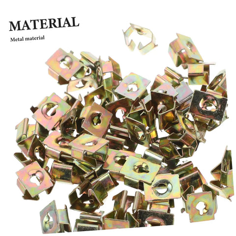 50 Pack Hella Tough U Shape Nut Fasteners For Automotive Body Clips Heavy Duty Metal exterior U fasteners in golden finish.