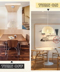 White Woven Pendant Light Boho Chic Chandelier Dome Fixture in dining room, turned on and off, with rattan wicker shade.