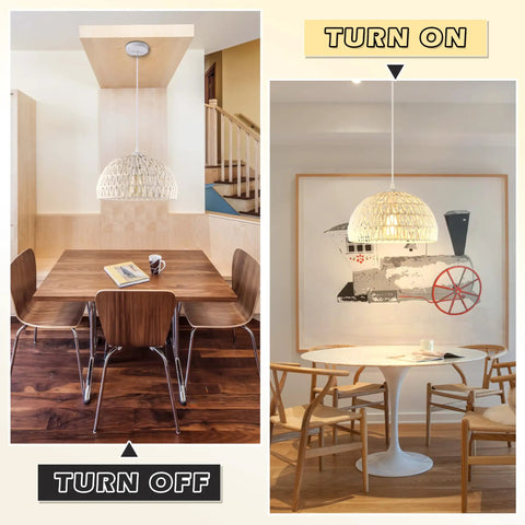 White Woven Pendant Light Boho Chic Chandelier Dome Fixture in dining room, turned on and off, with rattan wicker shade.