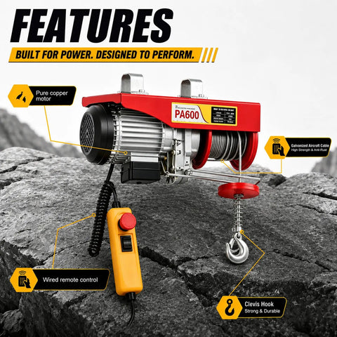 1320 Lbs Powerful Mini Electric Hoist With 1200W 110V Winch Crane and remote on rocky surface