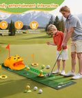 Family playing on indoor putting green with automatic ball return for kids plus toddler golf clubs light up balls party game