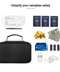 Small Fireproof Storage Organizer Case With Lock 9 By 5.3 By 3.7 Inch 3 Layer Money Safe Wallet Bag Black with valuables