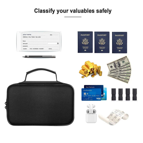 Small Fireproof Storage Organizer Case With Lock 9 By 5.3 By 3.7 Inch 3 Layer Money Safe Wallet Bag Black with valuables
