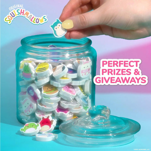 25 Piece Mini Eraser Set With Cute Cartoon Characters Like Banana Cactus Frog And More in a jar on a desk