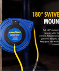 Professional Grade Retractable Air Hose Reel Featuring 3/8 Inch By 50 Foot Hybrid Polymer Tubing With 300 Psi Pressure Capacity And Kickass Swivel Joint For Daily Shop Duties with 180° swivel mount.