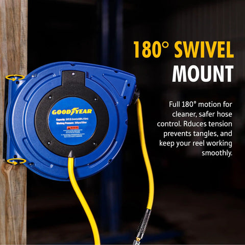 Professional Grade Retractable Air Hose Reel Featuring 3/8 Inch By 50 Foot Hybrid Polymer Tubing With 300 Psi Pressure Capacity And Kickass Swivel Joint For Daily Shop Duties with 180° swivel mount.