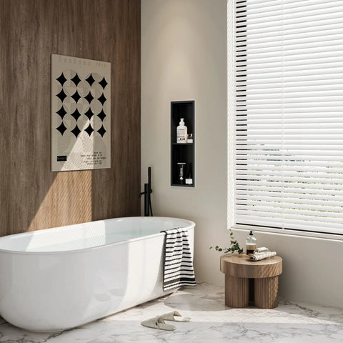 Bathroom with a Stainless Steel Shower Niche 8 Inch By 24 Inch Recessed Wall Nook With Double Shelves No Tile Needed Matte Black