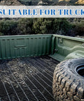 Truck bed with tire and grid flooring, suitable for M3x8mm stainless steel eye bolts for hanging or securing cables.