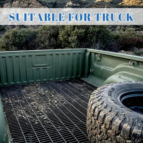 Truck bed with tire and grid flooring, suitable for M3x8mm stainless steel eye bolts for hanging or securing cables.