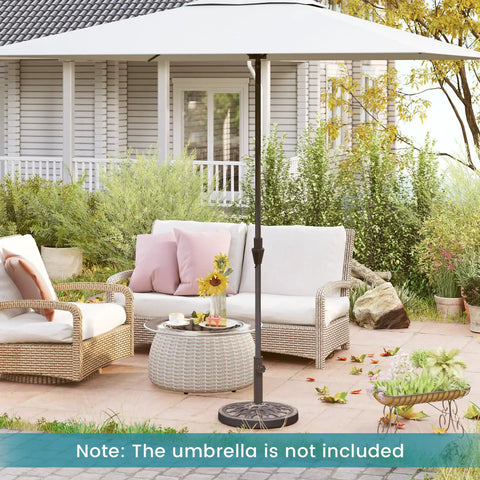 Beefy 30 Lb Umbrella Base With Adjustable Knob For 1.5 To 1.9 Inch Poles supporting a patio umbrella in a garden setting