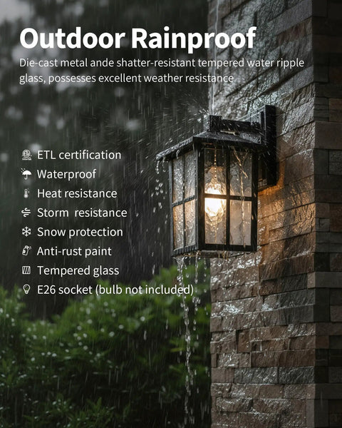 Black Outdoor Wall Lights Set Waterproof Patio Sconces Crafted From Rust Resistant Die Cast Metal And Tempered Wave Glass in rain
