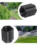 Ten Pack Half Inch Double Female Thread Pipe Couplings For Sprinkler And Irrigation Systems, showing black plastic fitting