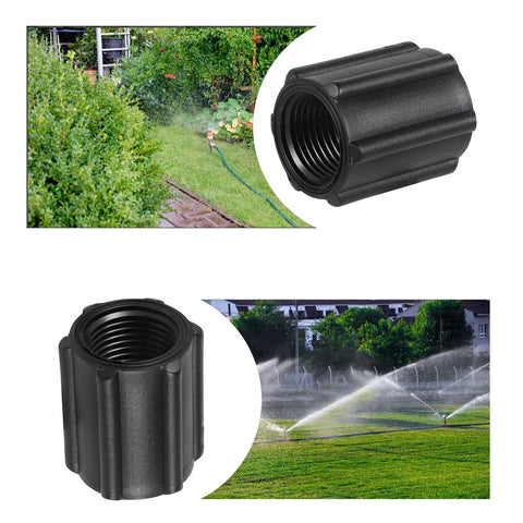 Ten Pack Half Inch Double Female Thread Pipe Couplings For Sprinkler And Irrigation Systems, showing black plastic fitting