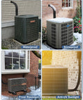 Outdoor HVAC units in different weather conditions showcasing waterproof, snowproof, frost resistant, and anti-UV covers.