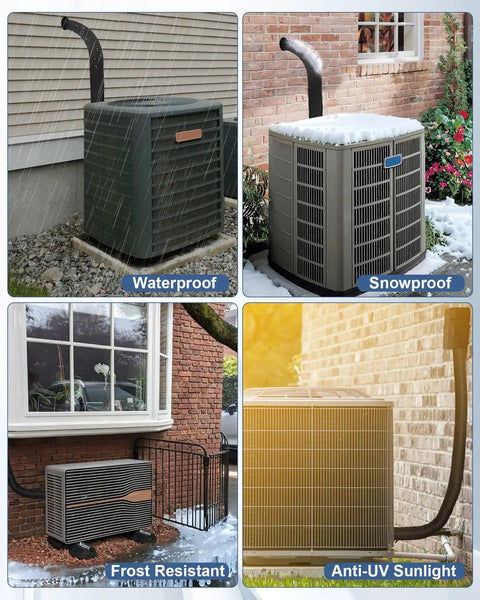 Outdoor HVAC units in different weather conditions showcasing waterproof, snowproof, frost resistant, and anti-UV covers.