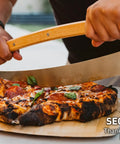 Pi Pizza Rocker Cutter Pro for effortless slicing of thin or thick crust pizza with stainless steel rocker blade and bamboo handles
