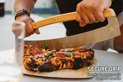 Pi Pizza Rocker Cutter Pro for effortless slicing of thin or thick crust pizza with stainless steel rocker blade and bamboo handles