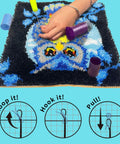 Hand using Beginner Friendly Latch Hook Rug Kit For Adults, 12 inch kit with blue owl pattern, demonstrating DIY craft steps.
