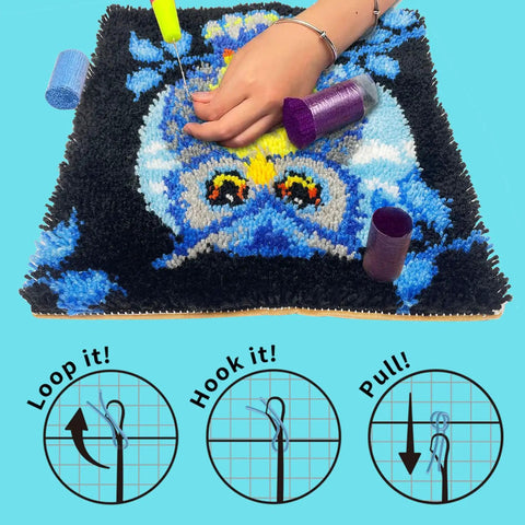 Hand using Beginner Friendly Latch Hook Rug Kit For Adults, 12 inch kit with blue owl pattern, demonstrating DIY craft steps.