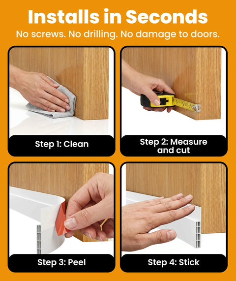 Install steps for Heavy Duty Door Draft Stopper Seal 2 Pack DIY Door Sweep, including cleaning, measuring, peeling, and sticking.