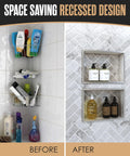 Before and after of Tile Ready Shower Niche Insert For Recessed Bathroom Storage Built In Wall Cubby With No Fuss Install