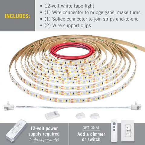 12V White LED Strip Lights RibbonFlex Pro, 120 LEDs Per Meter, 4000K Daylight White roll, connectors, and accessories