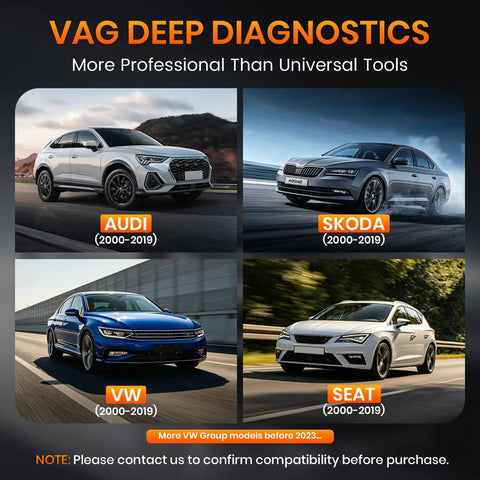 Beefed-Up All-In-One Volkswagen Group OBD2 Scan Tool For Volkswagen Audi Skoda Seat With Battery Registration And EPB Reset OBD11 Code Reader Upgraded VD700 with featured car models.