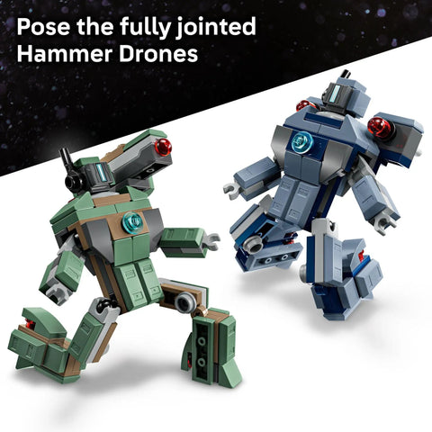 Marvel Iron Man And War Machine Battle Drones Building Toy Set posing two fully jointed hammer drones in action.
