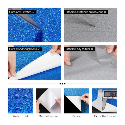 Comparison of Royal Blue Glitter Peel and Stick Wallpaper Self Adhesive Sparkle Bling Wallpaper for durability and features