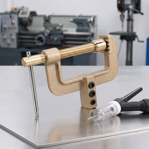 Super Durable Welding Ground Clamp With Brass And Plastic Build For Home Or Field Jobs, Thick Contact Design on a steel surface.