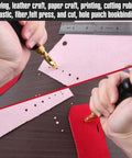 Using adjustable leather hole punch tool with wood handle on leather strip next to ruler, showing 3mm drill size in action