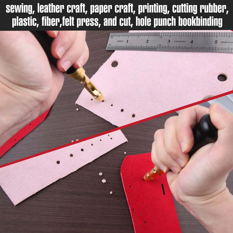 Using adjustable leather hole punch tool with wood handle on leather strip next to ruler, showing 3mm drill size in action