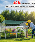 Beefed Up 35 To 45 Percent Sun Shade Cloth 10 By 20 Feet Green HDPE Mesh installed over garden with mother and child watering plants