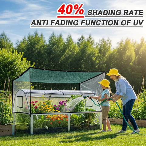 Beefed Up 35 To 45 Percent Sun Shade Cloth 10 By 20 Feet Green HDPE Mesh installed over garden with mother and child watering plants