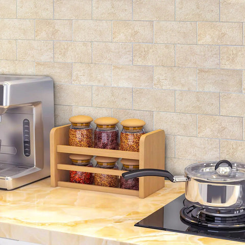 Peel And Stick Stone Tile Backsplash Kit, 10 Sheets, Subway Roman Travertine Veneer for kitchen, visible behind stove and counter