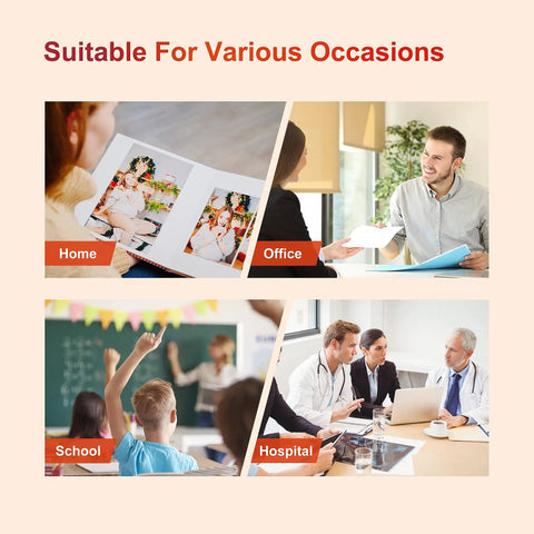 Collage showing a photo book at home, meeting in an office, classroom session, and hospital meeting, labeled for various occasions.