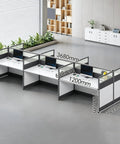 No Nonsense Slick Modular Office Cubicle Workstation Desk Featuring Heavy Duty Tempered Glass Screens And Rapid Usb Power Port Coupled With Rolling Storage Cabinet Built For Dedicated Team Hustles in a spacious office layout.