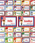 30 Pieces Greetings From Around The World Language Cutouts For Classroom Decor And Multicultural Learning Materials Kid Friendly Eye Catching Colorful Designs Perfect For Preschool To Elementary School And Homeschool; colorful language cutouts with flags and greetings in multiple languages.