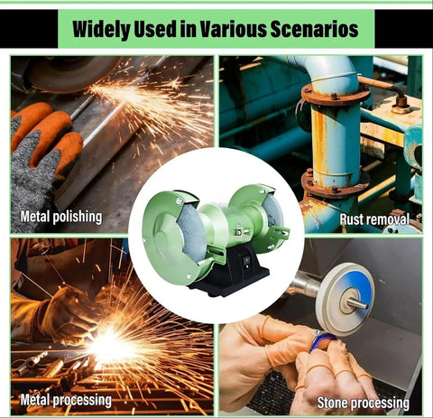Ready To Roll Heavy Duty Electric Bench Grinder With Dual Five And Six Inch Aluminum Oxide Wheels Secure Eye Shields Sweet Polishing Kit used for metal polishing, rust removal, and stone processing.