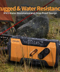 NOAA Emergency Weather Radio With 7400mWh Power Bank in rugged, water-resistant design, outdoors in wet conditions
