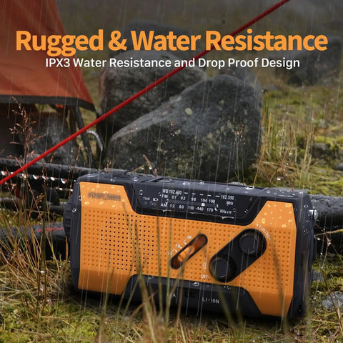 NOAA Emergency Weather Radio With 7400mWh Power Bank in rugged, water-resistant design, outdoors in wet conditions