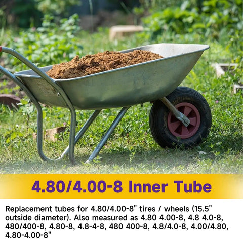 Wheelbarrow with dirt using Beefed-Up 4.80-8 Inner Tube Replacement For Wheelbarrows Trailers Lawn Mowers
