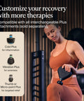 Woman using Mini Plus Massage Gun With Heat For Faster Recovery On The Go, Portable Percussive Therapy Device for deep tissue relief with attachments displayed.